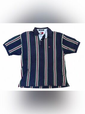 Vintage Tommy Hilfiger 90s Striped Polo Shirt Men’s M Cotton Flag Logo Rugby